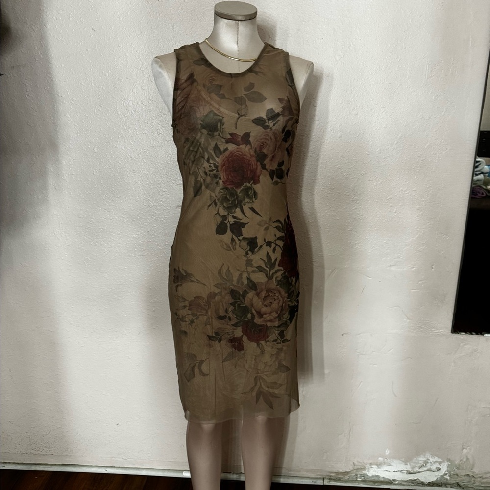 Tan rose printed dress